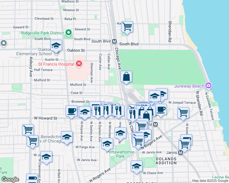 map of restaurants, bars, coffee shops, grocery stores, and more near 602 Mulford Street in Evanston