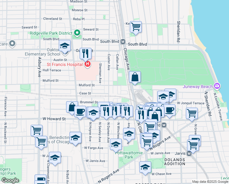 map of restaurants, bars, coffee shops, grocery stores, and more near 236 Callan Avenue in Evanston