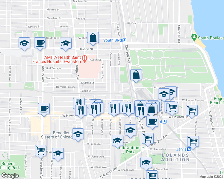 map of restaurants, bars, coffee shops, grocery stores, and more near 236 Callan Avenue in Evanston