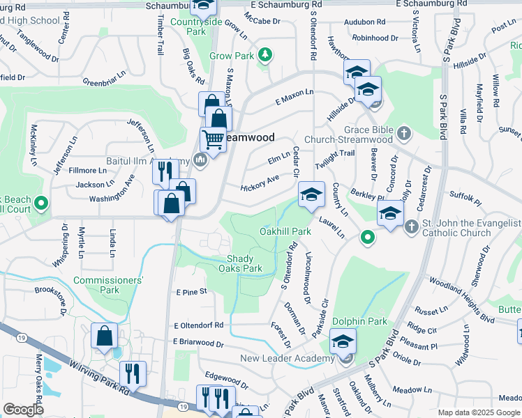 map of restaurants, bars, coffee shops, grocery stores, and more near 120 Cedar Circle in Streamwood