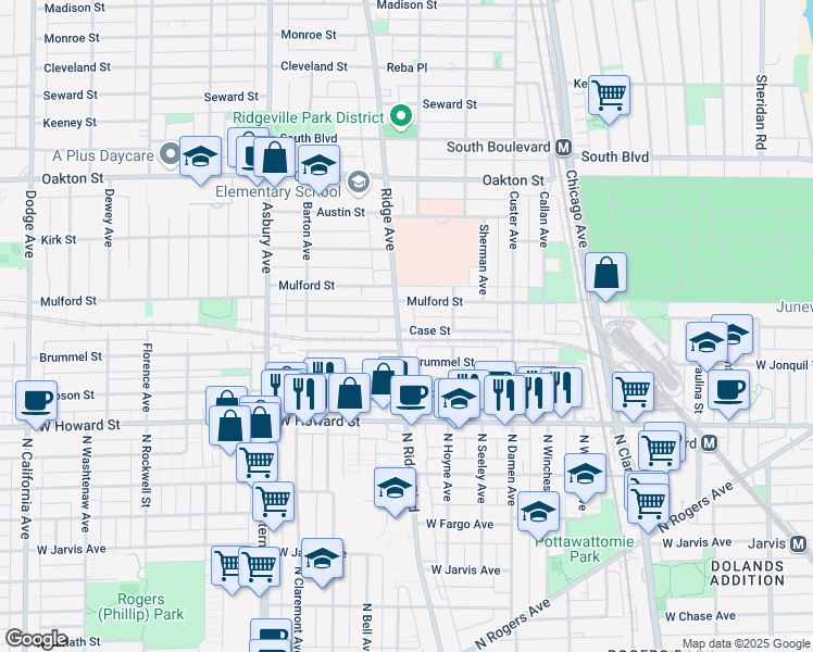 map of restaurants, bars, coffee shops, grocery stores, and more near 833 Case Street in Evanston