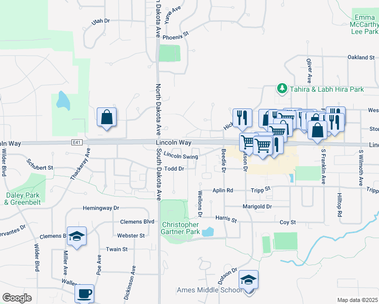 map of restaurants, bars, coffee shops, grocery stores, and more near 4301 Lincoln Swing in Ames