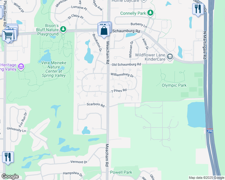 map of restaurants, bars, coffee shops, grocery stores, and more near 1418 7 Pines Road in Schaumburg