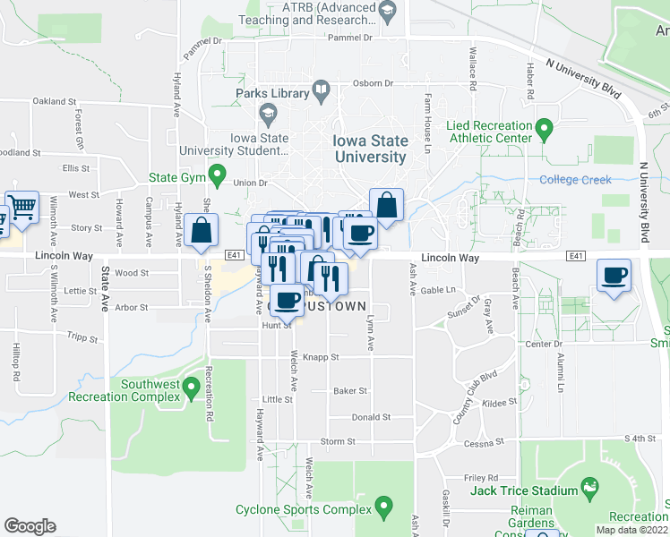 map of restaurants, bars, coffee shops, grocery stores, and more near 2338 Lincoln Way in Ames
