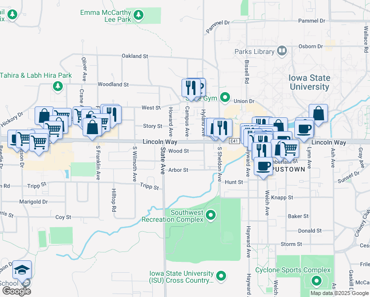 map of restaurants, bars, coffee shops, grocery stores, and more near 2903 Wood Street in Ames