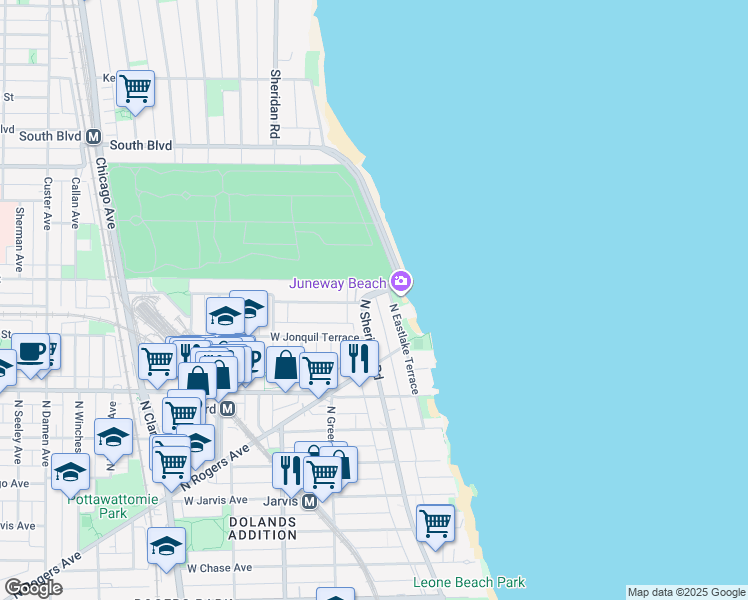 map of restaurants, bars, coffee shops, grocery stores, and more near 7758 North Eastlake Terrace in Chicago