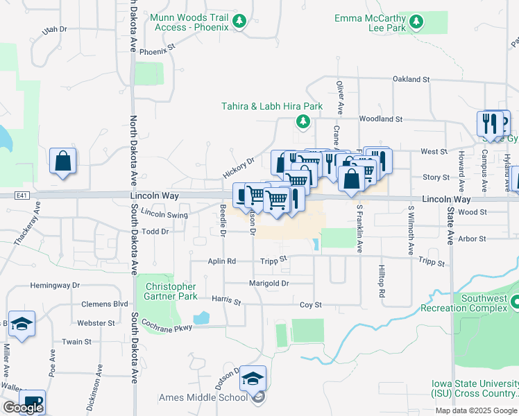 map of restaurants, bars, coffee shops, grocery stores, and more near 3910 Lincoln Way in Ames