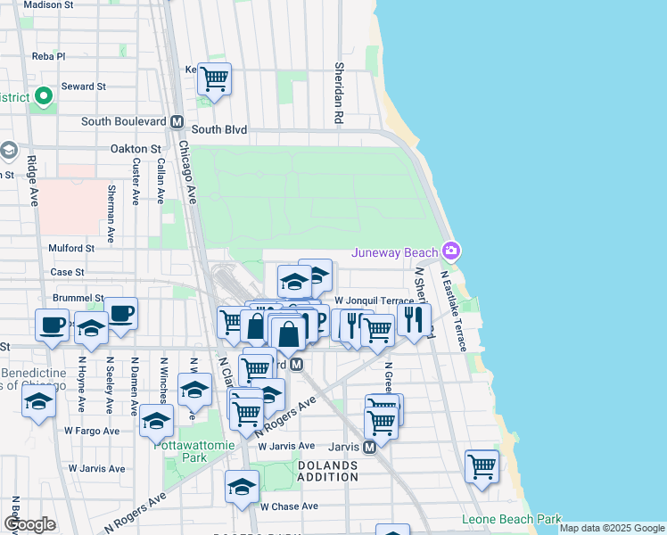 map of restaurants, bars, coffee shops, grocery stores, and more near 7738 North Ashland Avenue in Chicago