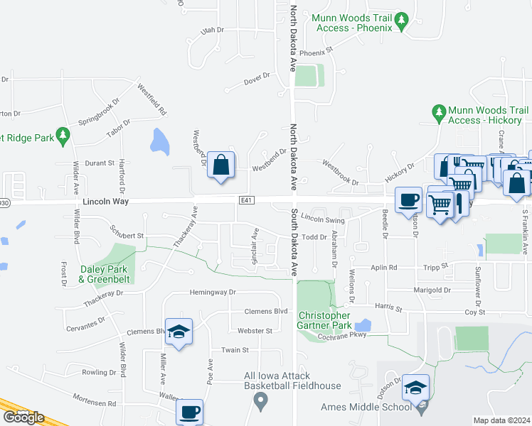 map of restaurants, bars, coffee shops, grocery stores, and more near 4619 Todd Drive in Ames