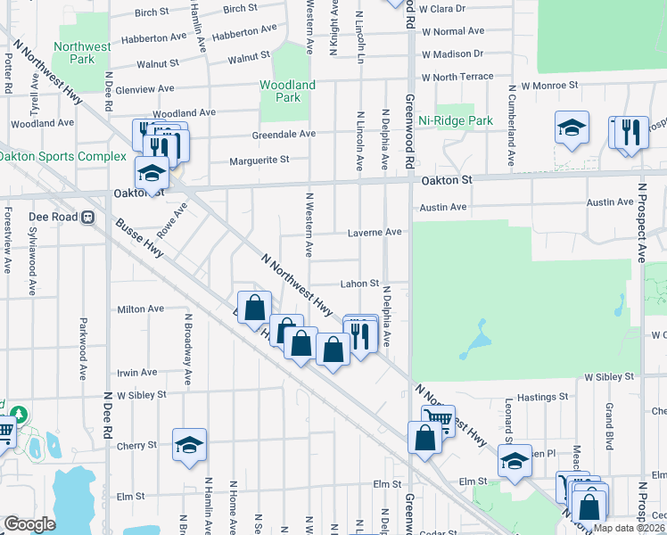 map of restaurants, bars, coffee shops, grocery stores, and more near 1424 Cynthia Avenue in Park Ridge