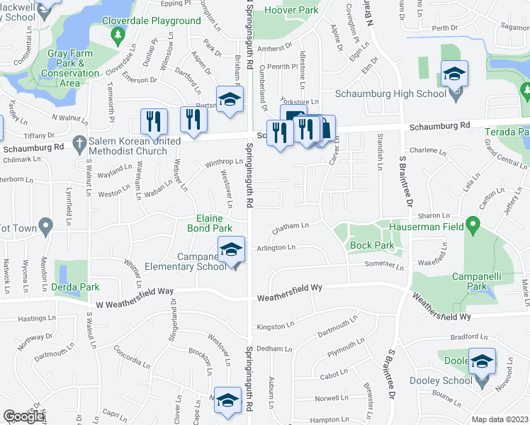 map of restaurants, bars, coffee shops, grocery stores, and more near 1541 Revere Circle in Schaumburg