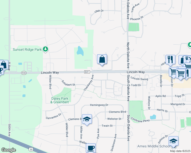 map of restaurants, bars, coffee shops, grocery stores, and more near 4915 Todd Drive in Ames