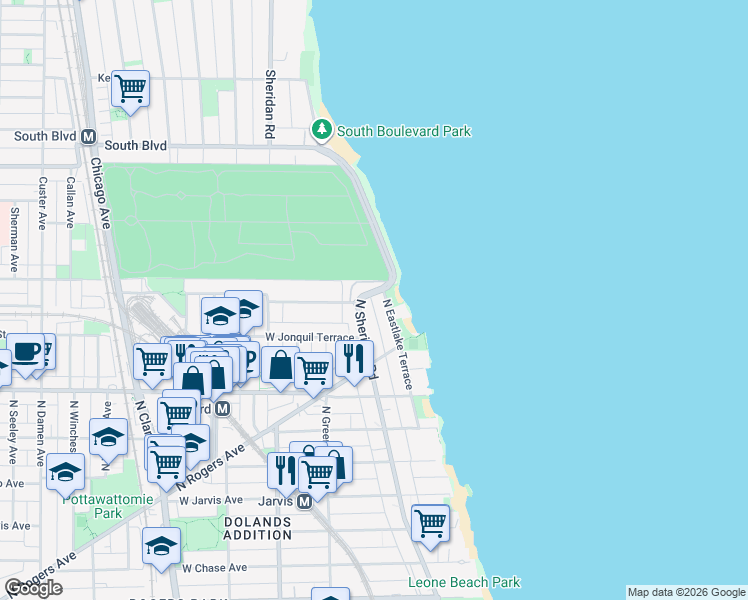 map of restaurants, bars, coffee shops, grocery stores, and more near 7758 North Eastlake Terrace in Chicago