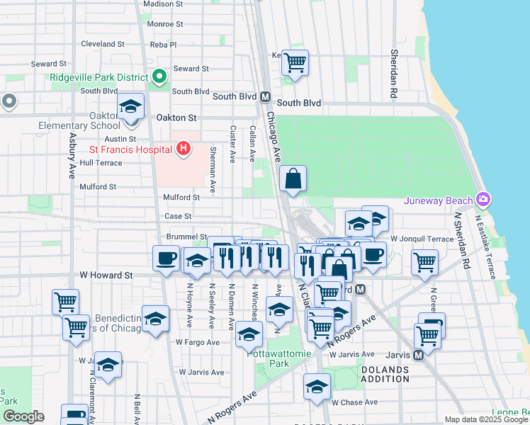 map of restaurants, bars, coffee shops, grocery stores, and more near 602 Mulford Street in Evanston