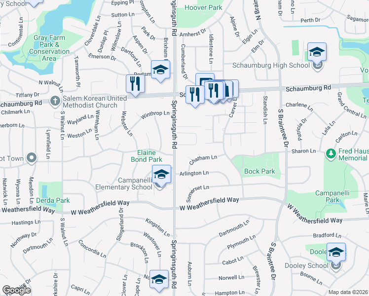 map of restaurants, bars, coffee shops, grocery stores, and more near 1541 Revere Circle in Schaumburg
