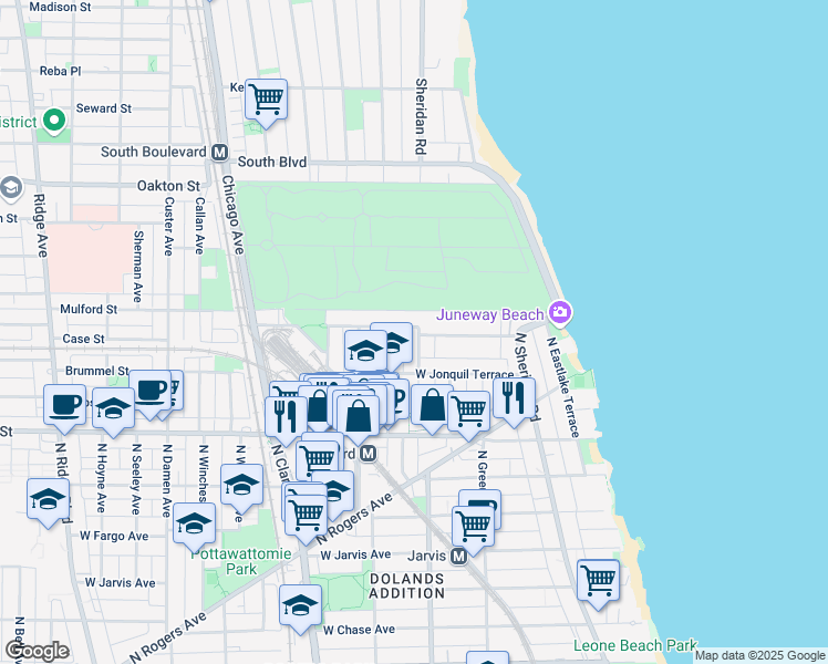 map of restaurants, bars, coffee shops, grocery stores, and more near 7742 North Ashland Avenue in Chicago