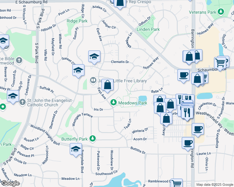 map of restaurants, bars, coffee shops, grocery stores, and more near 152 Red Cedar Drive in Streamwood