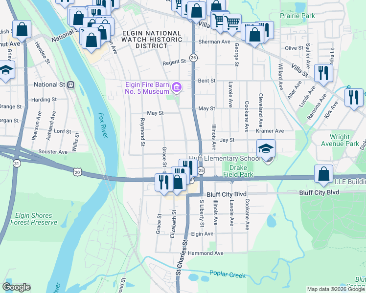 map of restaurants, bars, coffee shops, grocery stores, and more near 674 Saint Charles Street in Elgin