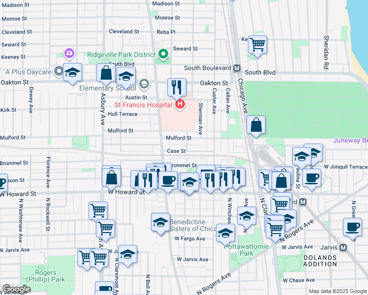 map of restaurants, bars, coffee shops, grocery stores, and more near 229 Elmwood Avenue in Evanston