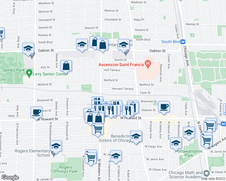 map of restaurants, bars, coffee shops, grocery stores, and more near 1126 Harvard Terrace in Evanston