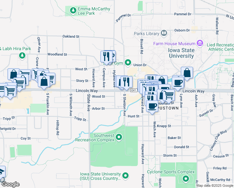 map of restaurants, bars, coffee shops, grocery stores, and more near 112 South Hyland Avenue in Ames