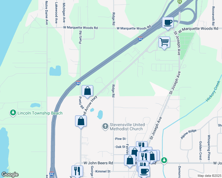 map of restaurants, bars, coffee shops, grocery stores, and more near 5220 Ridge Road in Stevensville