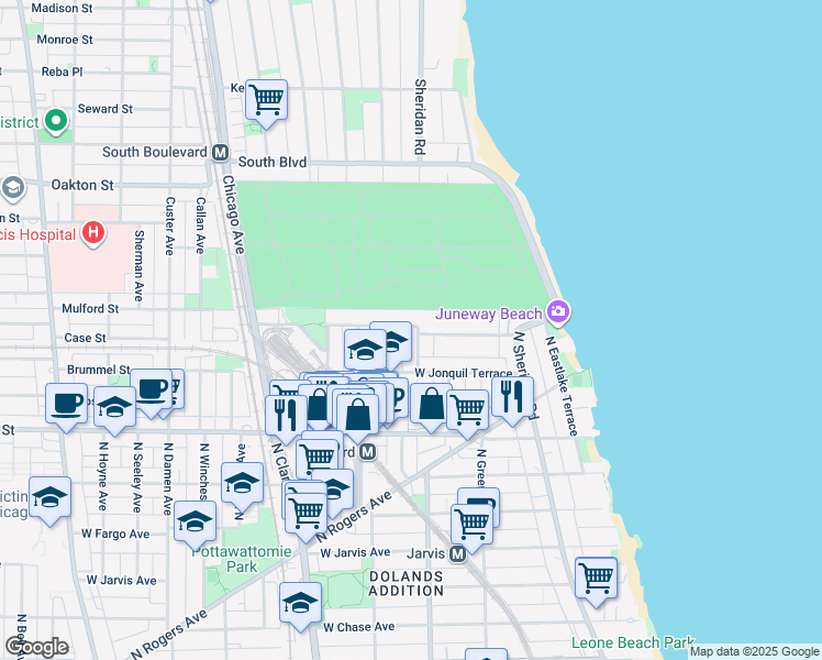 map of restaurants, bars, coffee shops, grocery stores, and more near 7726 North Ashland Avenue in Chicago