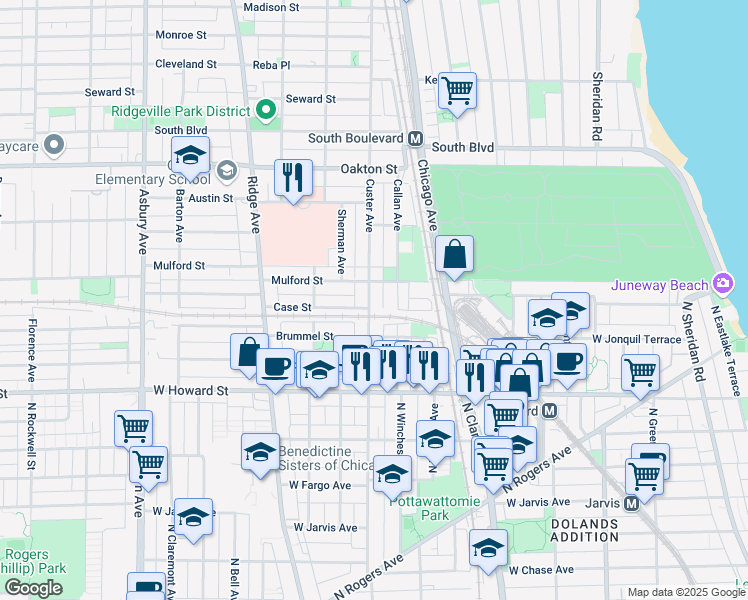 map of restaurants, bars, coffee shops, grocery stores, and more near 236 Callan Avenue in Evanston