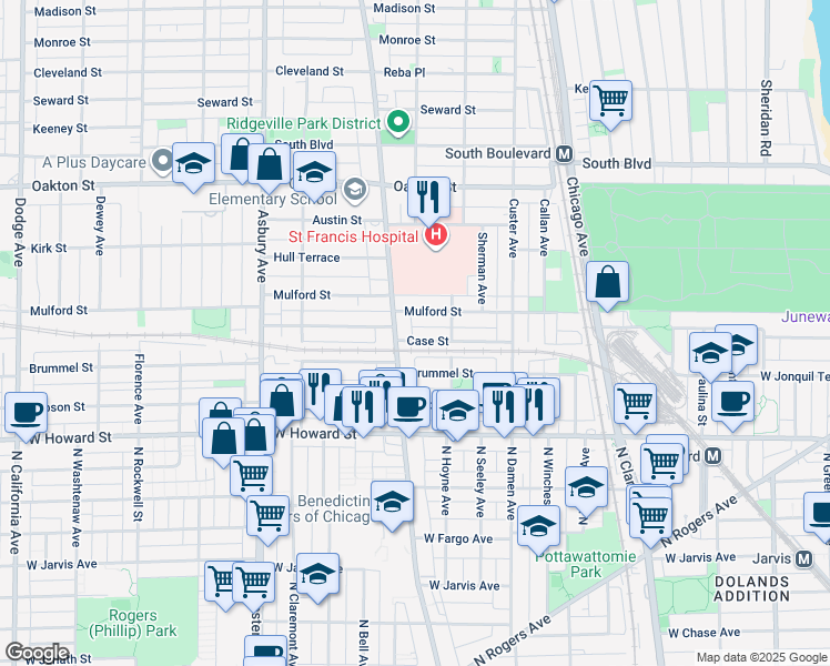 map of restaurants, bars, coffee shops, grocery stores, and more near 825 Case Street in Evanston