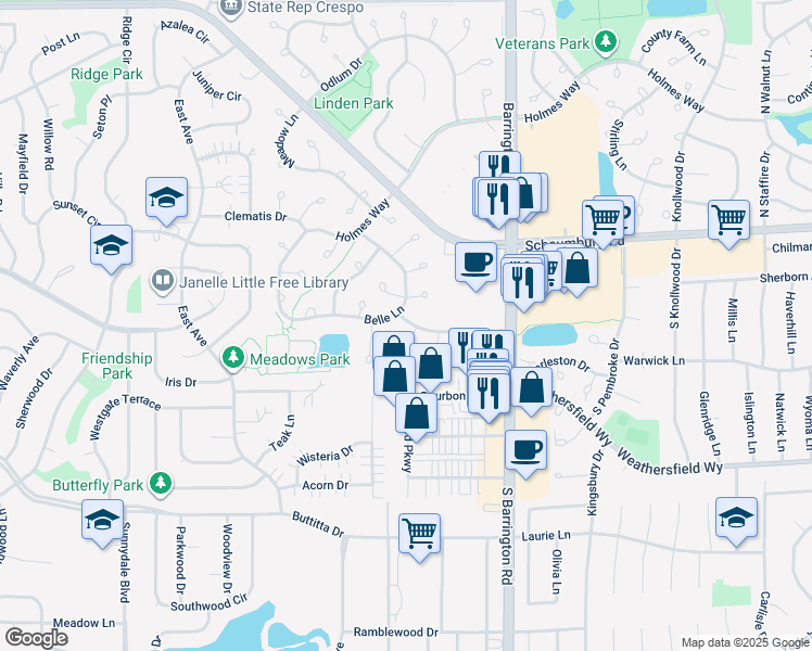 map of restaurants, bars, coffee shops, grocery stores, and more near 2883 Belle Lane in Schaumburg