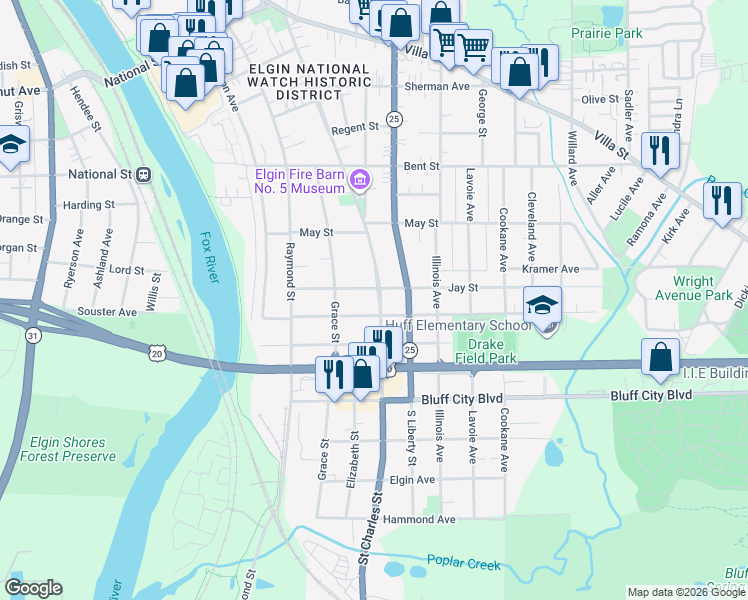 map of restaurants, bars, coffee shops, grocery stores, and more near 664 Saint Charles Street in Elgin