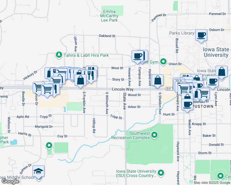 map of restaurants, bars, coffee shops, grocery stores, and more near 3202 Lincoln Way in Ames