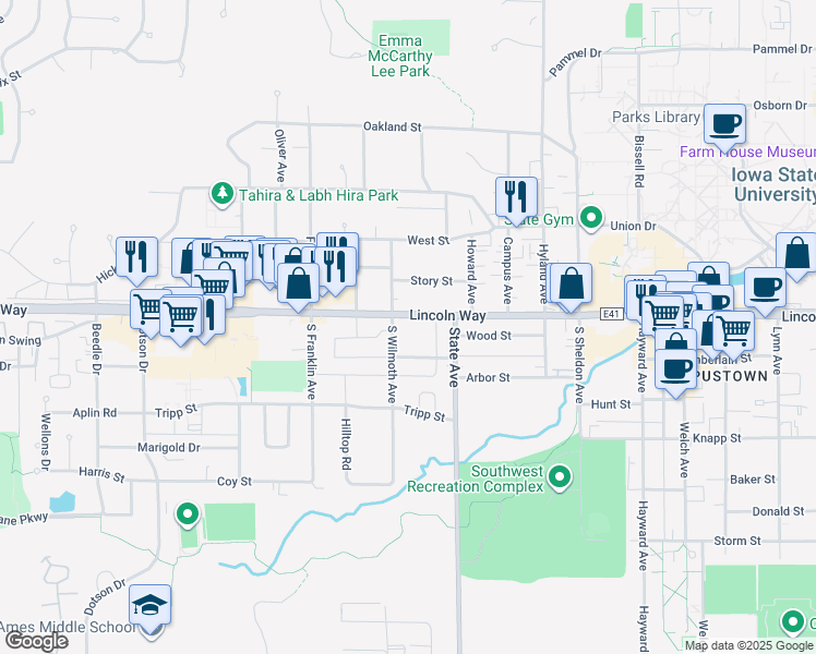 map of restaurants, bars, coffee shops, grocery stores, and more near 3230 Lincoln Way in Ames