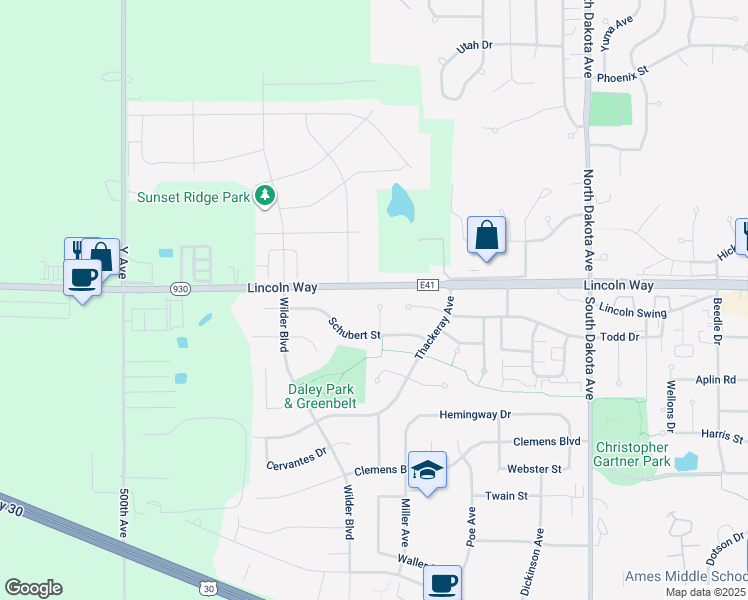 map of restaurants, bars, coffee shops, grocery stores, and more near 107 Sandburg Court in Ames
