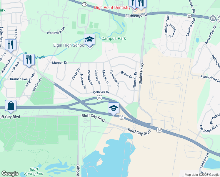 map of restaurants, bars, coffee shops, grocery stores, and more near 711 Mariner Court in Elgin