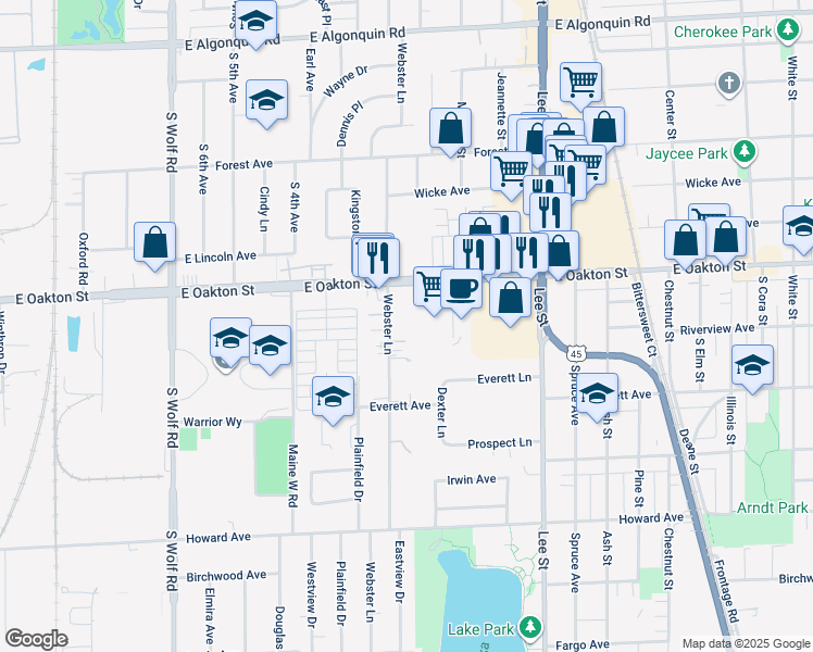 map of restaurants, bars, coffee shops, grocery stores, and more near 1673 Webster Lane in Des Plaines