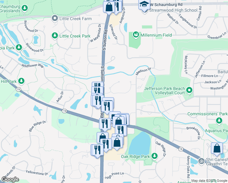 map of restaurants, bars, coffee shops, grocery stores, and more near 12 Prairie Pointe Lane in Streamwood