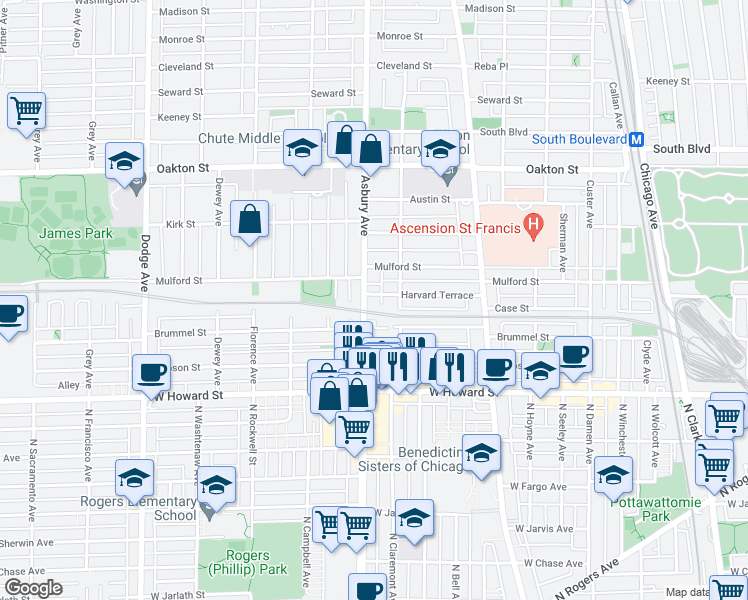 map of restaurants, bars, coffee shops, grocery stores, and more near 1216 Harvard Terrace in Evanston