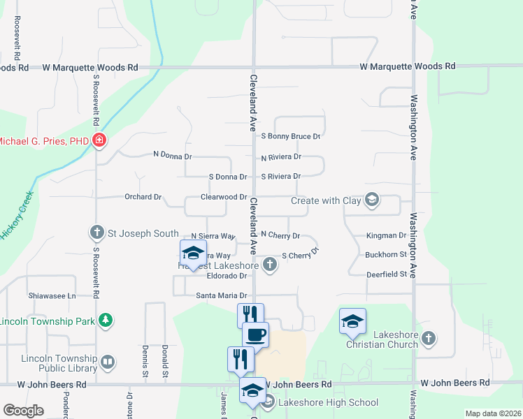 map of restaurants, bars, coffee shops, grocery stores, and more near 5255 Cleveland Avenue in Stevensville