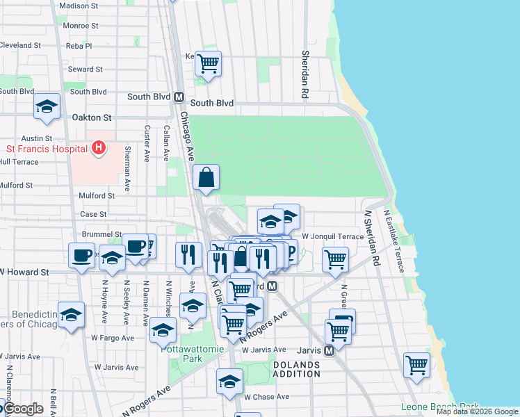 map of restaurants, bars, coffee shops, grocery stores, and more near 1711 West Juneway Terrace in Chicago