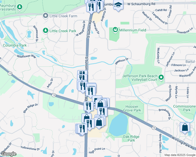 map of restaurants, bars, coffee shops, grocery stores, and more near 12 Prairie Pointe Lane in Streamwood