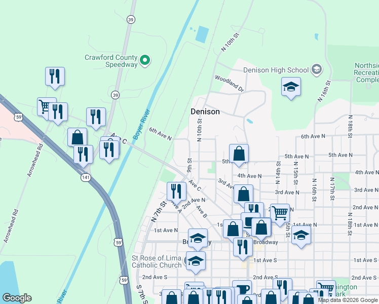 map of restaurants, bars, coffee shops, grocery stores, and more near 543 9th Street in Denison