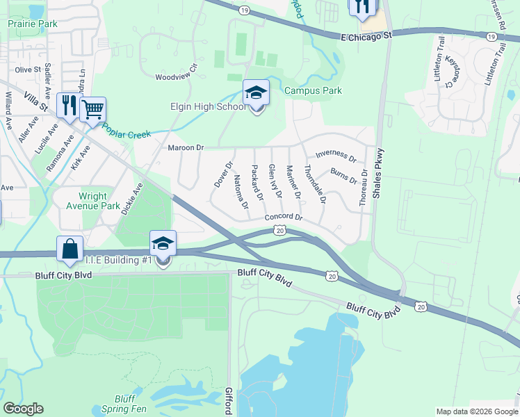 map of restaurants, bars, coffee shops, grocery stores, and more near 692 Packard Drive in Elgin