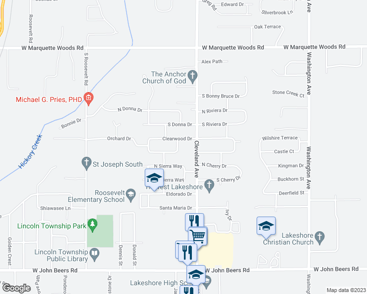 map of restaurants, bars, coffee shops, grocery stores, and more near 1764 Sherwood Drive in Stevensville