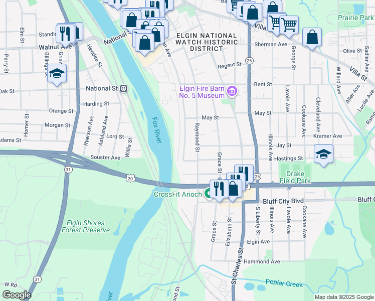 map of restaurants, bars, coffee shops, grocery stores, and more near 665 Wellington Avenue in Elgin