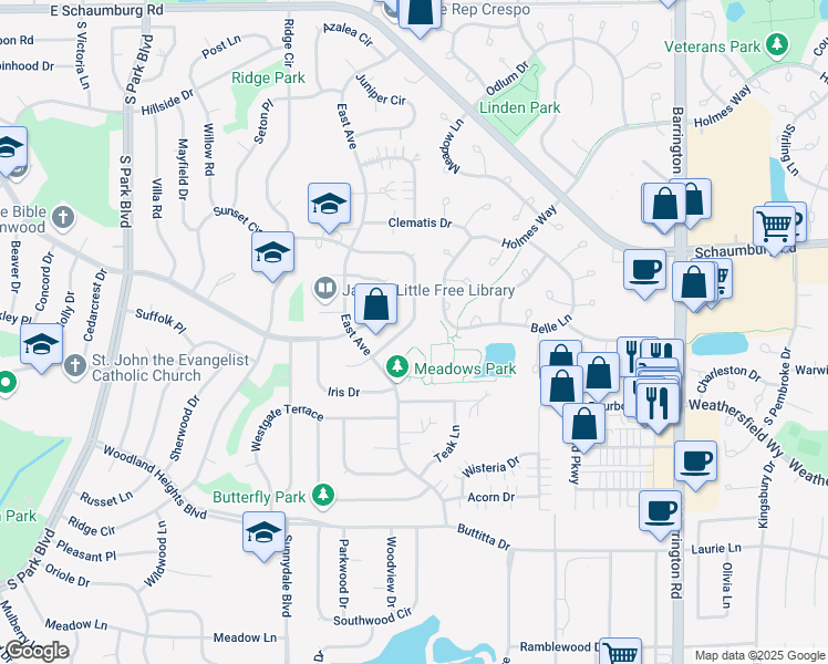 map of restaurants, bars, coffee shops, grocery stores, and more near 152 Red Cedar Drive in Streamwood