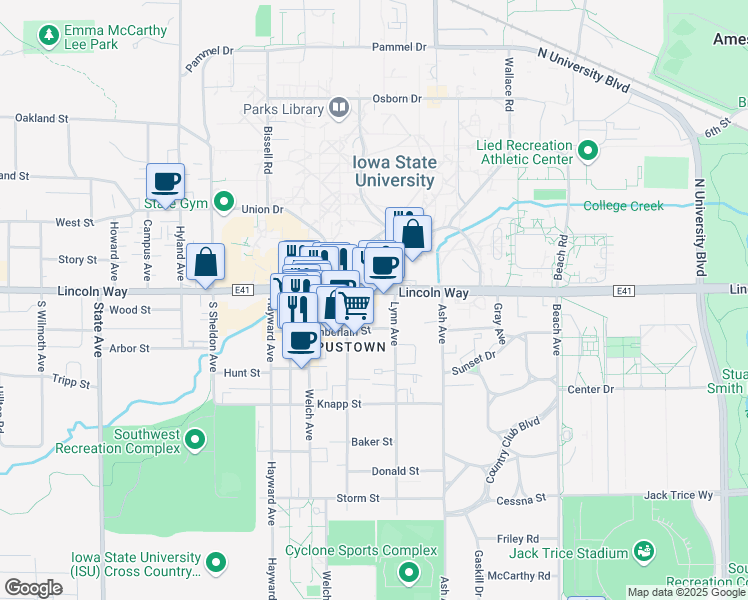 map of restaurants, bars, coffee shops, grocery stores, and more near 2320 Lincoln Way in Ames