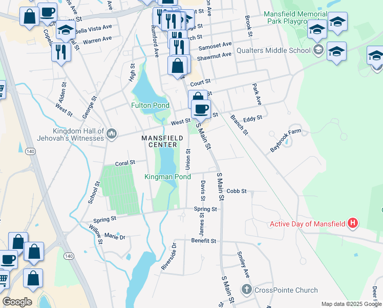 map of restaurants, bars, coffee shops, grocery stores, and more near 54 Union Street in Mansfield