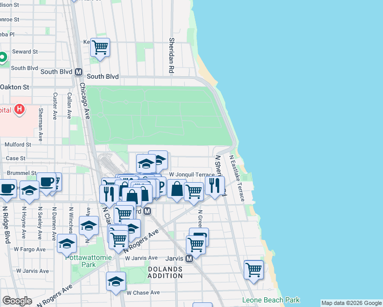 map of restaurants, bars, coffee shops, grocery stores, and more near 1518 West Juneway Terrace in Chicago