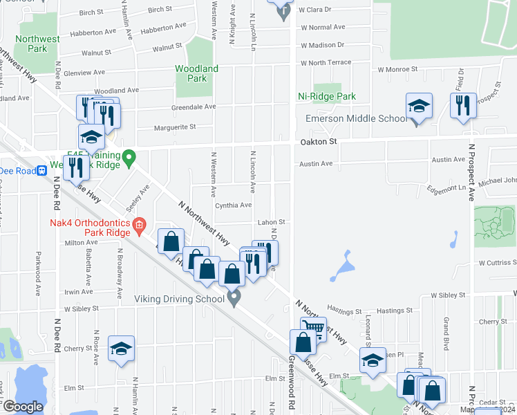 map of restaurants, bars, coffee shops, grocery stores, and more near 819 North Lincoln Avenue in Park Ridge